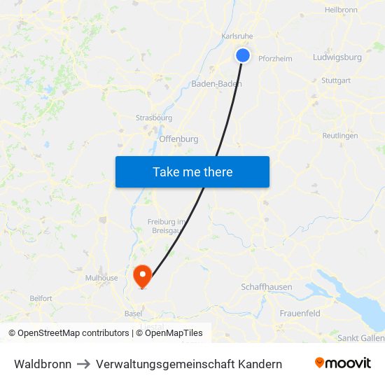 Waldbronn to Verwaltungsgemeinschaft Kandern map