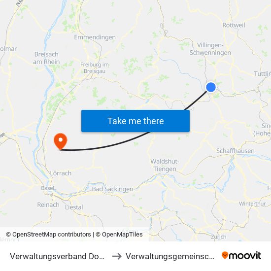 Verwaltungsverband Donaueschingen to Verwaltungsgemeinschaft Kandern map