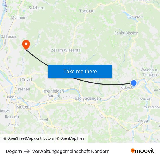 Dogern to Verwaltungsgemeinschaft Kandern map