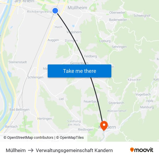 Müllheim to Verwaltungsgemeinschaft Kandern map