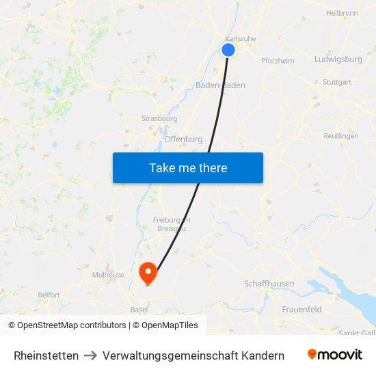 Rheinstetten to Verwaltungsgemeinschaft Kandern map
