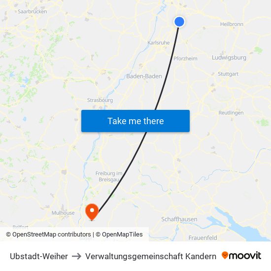 Ubstadt-Weiher to Verwaltungsgemeinschaft Kandern map