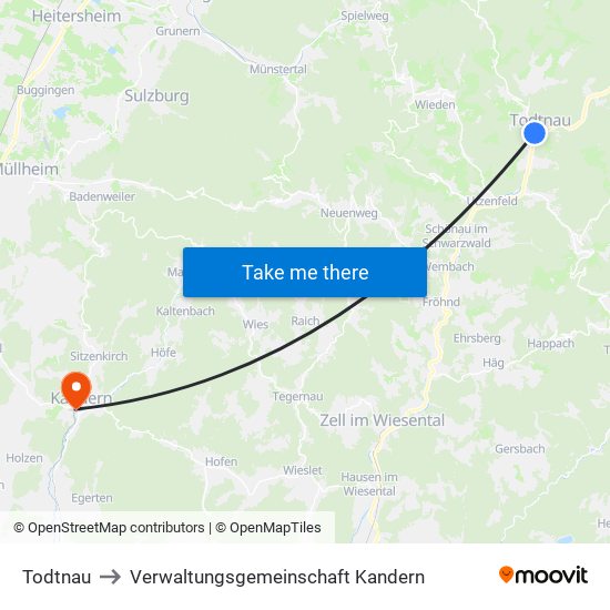 Todtnau to Verwaltungsgemeinschaft Kandern map