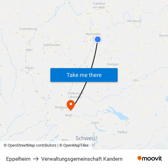 Eppelheim to Verwaltungsgemeinschaft Kandern map