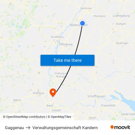 Gaggenau to Verwaltungsgemeinschaft Kandern map