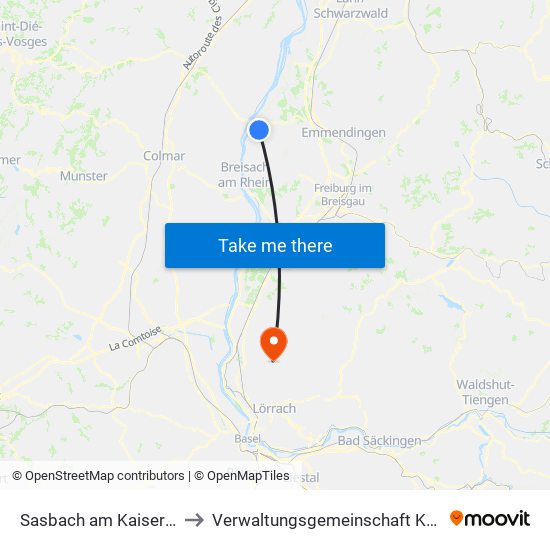Sasbach am Kaiserstuhl to Verwaltungsgemeinschaft Kandern map