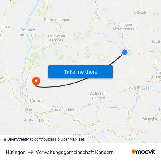 Hüfingen to Verwaltungsgemeinschaft Kandern map