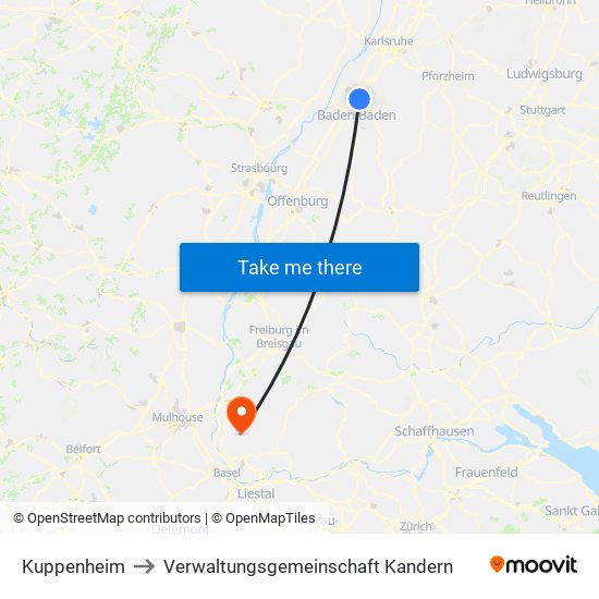 Kuppenheim to Verwaltungsgemeinschaft Kandern map