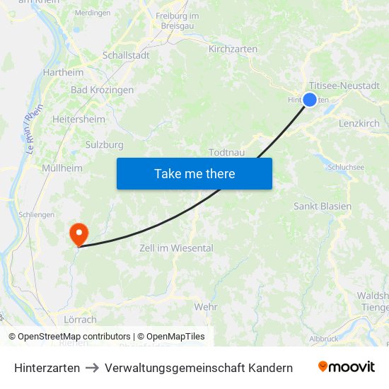 Hinterzarten to Verwaltungsgemeinschaft Kandern map