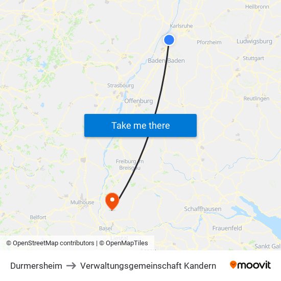 Durmersheim to Verwaltungsgemeinschaft Kandern map