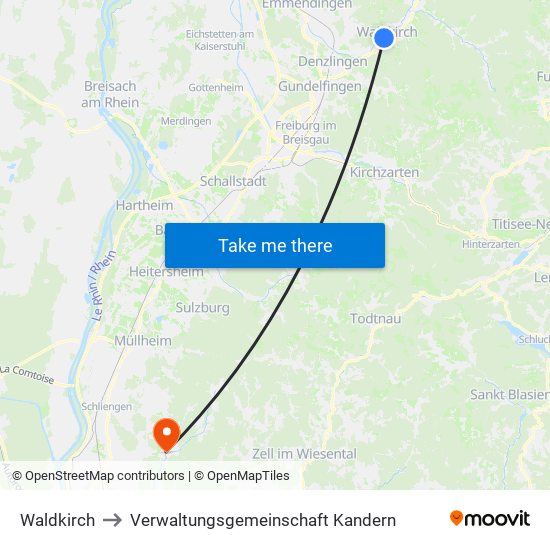 Waldkirch to Verwaltungsgemeinschaft Kandern map