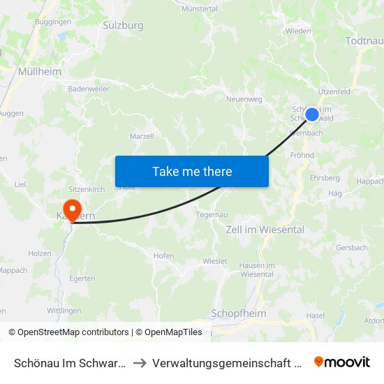 Schönau Im Schwarzwald to Verwaltungsgemeinschaft Kandern map