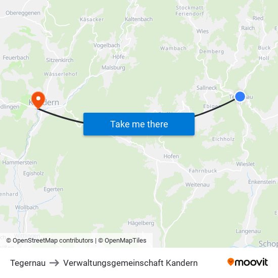 Tegernau to Verwaltungsgemeinschaft Kandern map