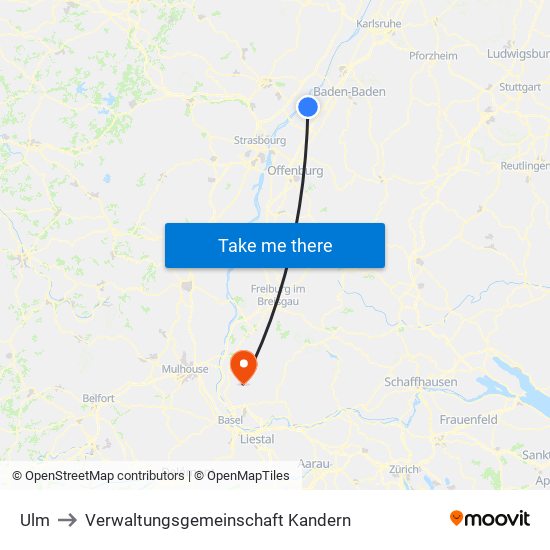 Ulm to Verwaltungsgemeinschaft Kandern map