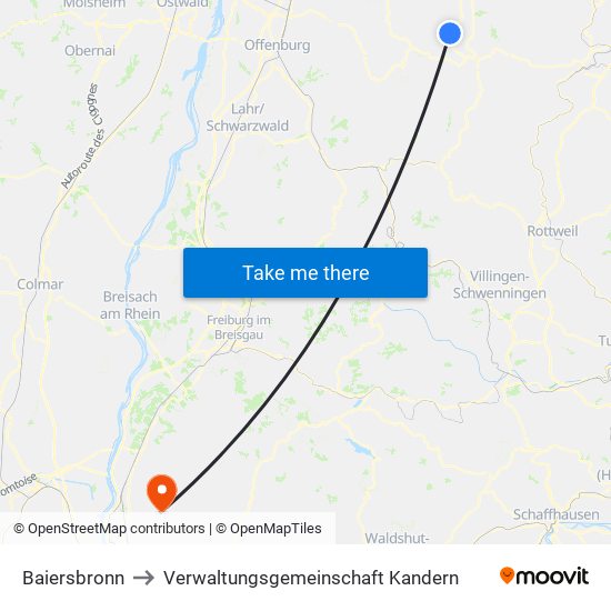 Baiersbronn to Verwaltungsgemeinschaft Kandern map