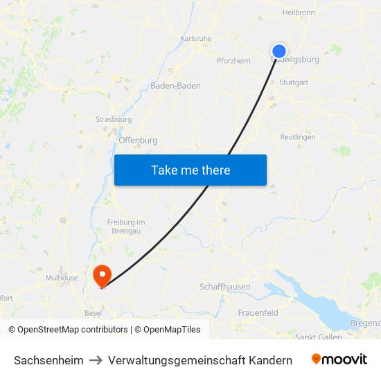 Sachsenheim to Verwaltungsgemeinschaft Kandern map