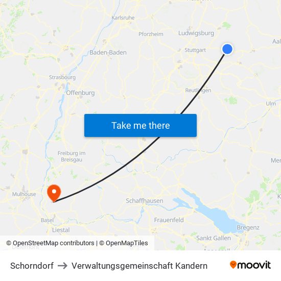 Schorndorf to Verwaltungsgemeinschaft Kandern map