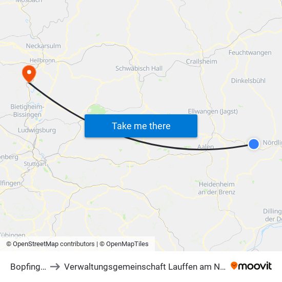 Bopfingen to Verwaltungsgemeinschaft Lauffen am Neckar map