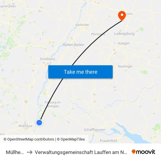 Müllheim to Verwaltungsgemeinschaft Lauffen am Neckar map