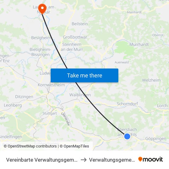 Vereinbarte Verwaltungsgemeinschaft Der Stadt Ebersbach An Der Fils to Verwaltungsgemeinschaft Lauffen am Neckar map