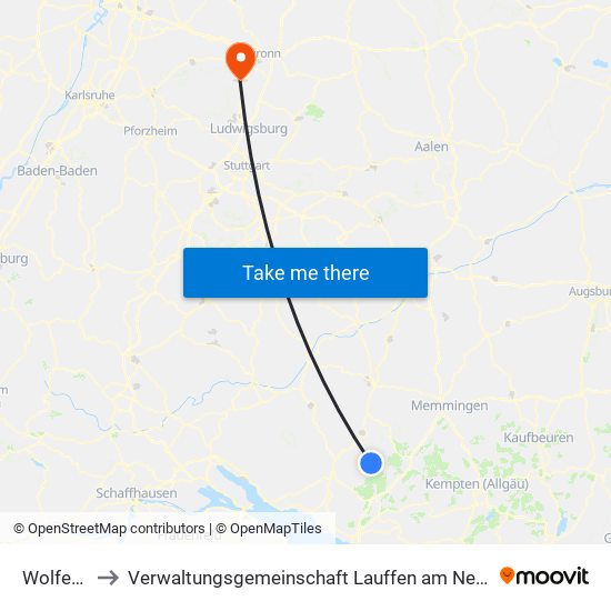 Wolfegg to Verwaltungsgemeinschaft Lauffen am Neckar map