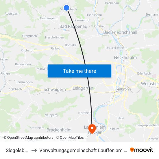 Siegelsbach to Verwaltungsgemeinschaft Lauffen am Neckar map