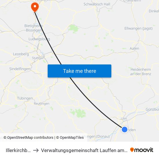 Illerkirchberg to Verwaltungsgemeinschaft Lauffen am Neckar map