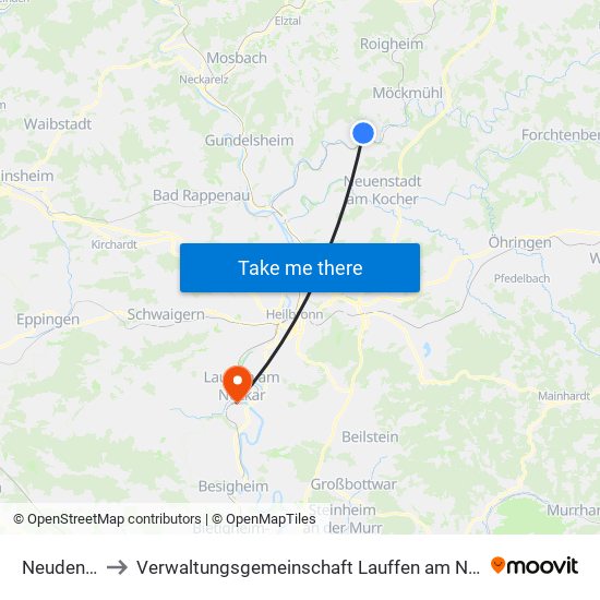 Neudenau to Verwaltungsgemeinschaft Lauffen am Neckar map
