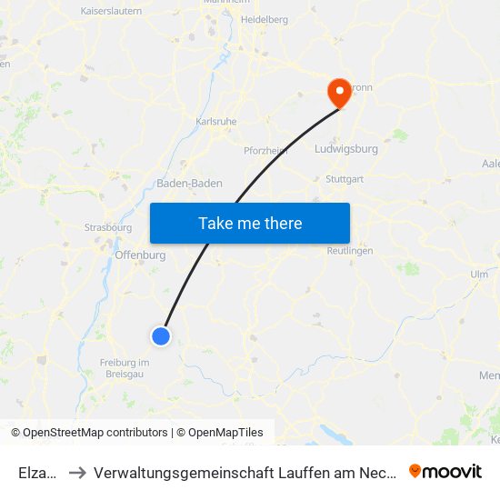 Elzach to Verwaltungsgemeinschaft Lauffen am Neckar map