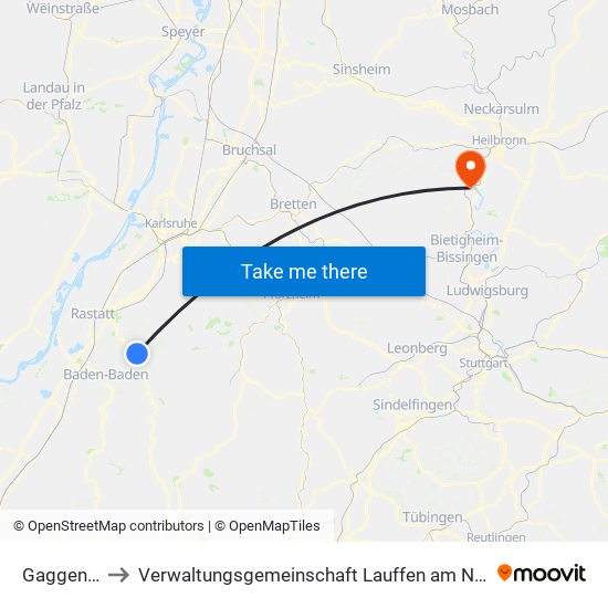 Gaggenau to Verwaltungsgemeinschaft Lauffen am Neckar map