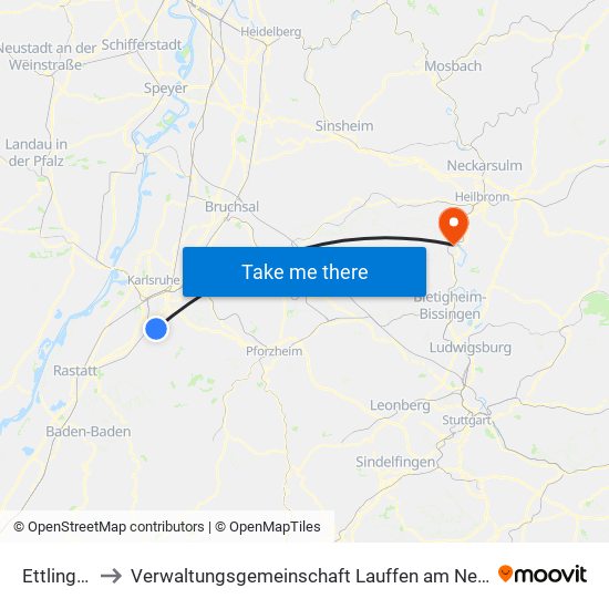 Ettlingen to Verwaltungsgemeinschaft Lauffen am Neckar map