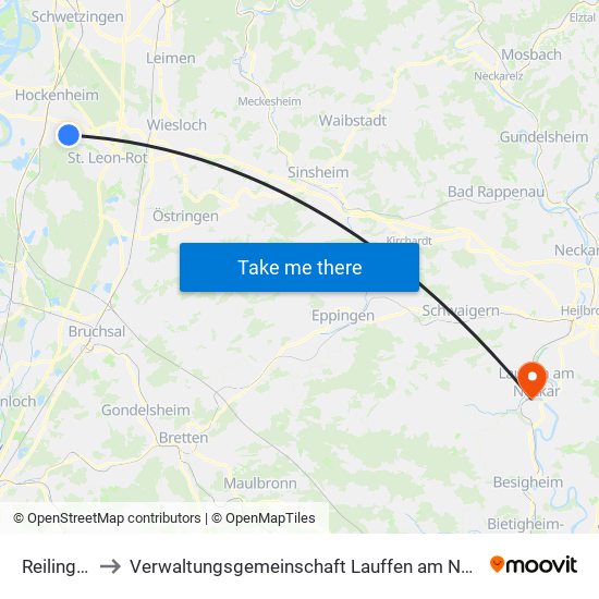 Reilingen to Verwaltungsgemeinschaft Lauffen am Neckar map