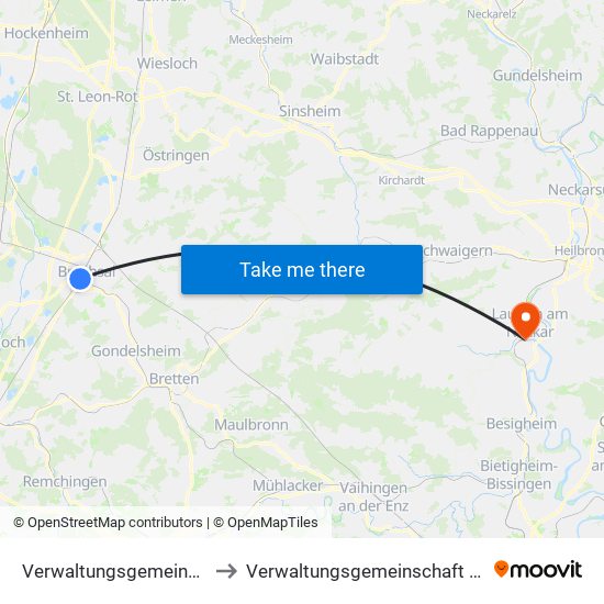 Verwaltungsgemeinschaft Bruchsal to Verwaltungsgemeinschaft Lauffen am Neckar map