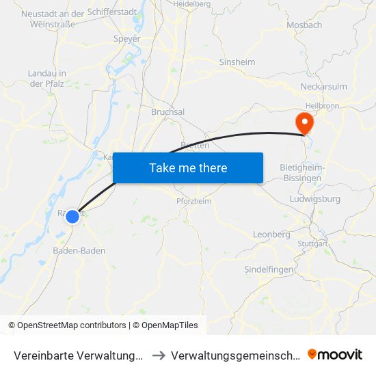 Vereinbarte Verwaltungsgemeinschaft Rastatt to Verwaltungsgemeinschaft Lauffen am Neckar map