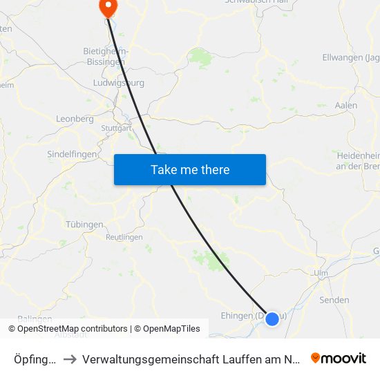 Öpfingen to Verwaltungsgemeinschaft Lauffen am Neckar map