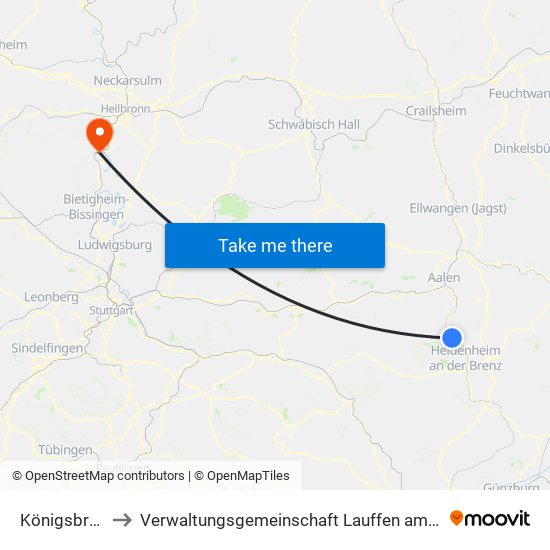 Königsbronn to Verwaltungsgemeinschaft Lauffen am Neckar map