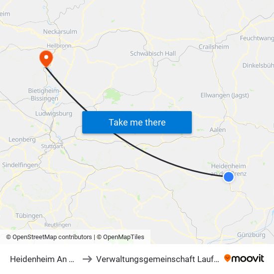 Heidenheim An Der Brenz to Verwaltungsgemeinschaft Lauffen am Neckar map