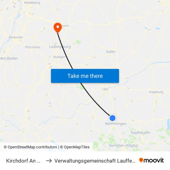 Kirchdorf An Der Iller to Verwaltungsgemeinschaft Lauffen am Neckar map