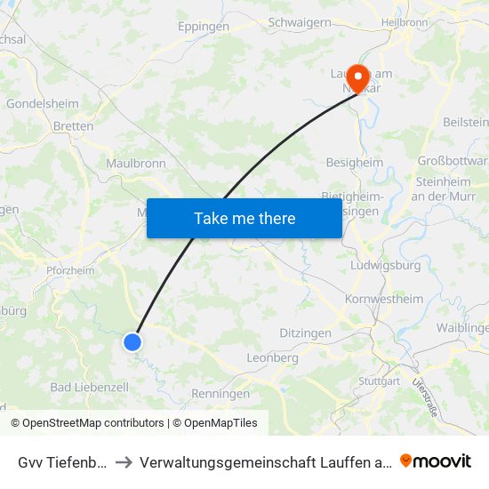 Gvv Tiefenbronn to Verwaltungsgemeinschaft Lauffen am Neckar map