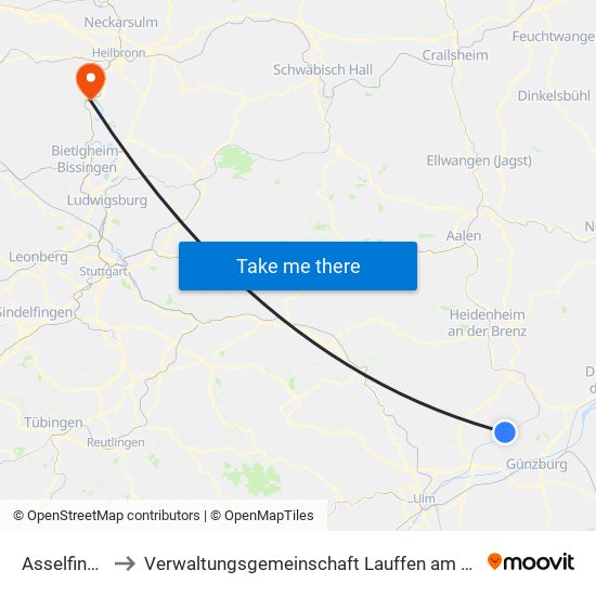 Asselfingen to Verwaltungsgemeinschaft Lauffen am Neckar map