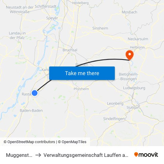 Muggensturm to Verwaltungsgemeinschaft Lauffen am Neckar map