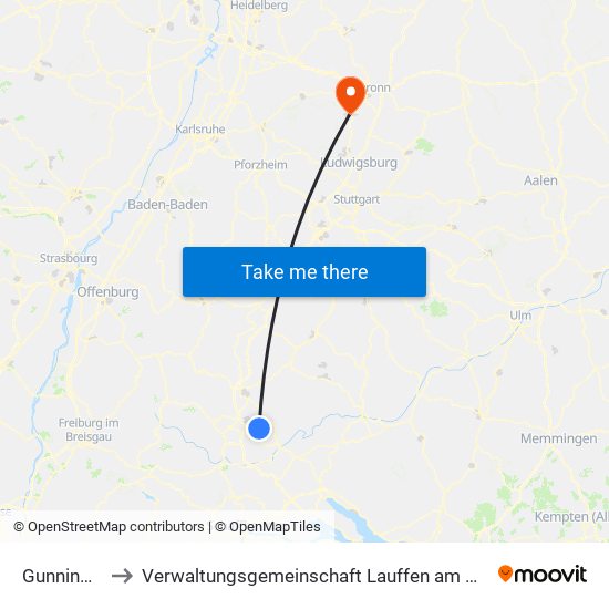 Gunningen to Verwaltungsgemeinschaft Lauffen am Neckar map