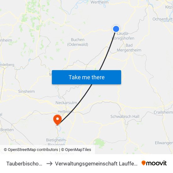 Tauberbischofsheim to Verwaltungsgemeinschaft Lauffen am Neckar map