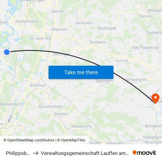 Philippsburg to Verwaltungsgemeinschaft Lauffen am Neckar map