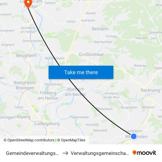 Gemeindeverwaltungsverband Winnenden to Verwaltungsgemeinschaft Lauffen am Neckar map