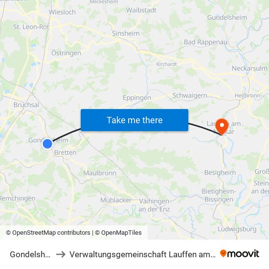 Gondelsheim to Verwaltungsgemeinschaft Lauffen am Neckar map