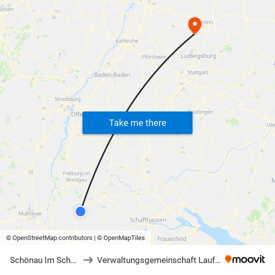 Schönau Im Schwarzwald to Verwaltungsgemeinschaft Lauffen am Neckar map