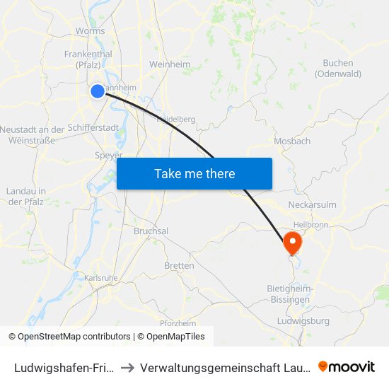 Ludwigshafen-Friesenheim to Verwaltungsgemeinschaft Lauffen am Neckar map