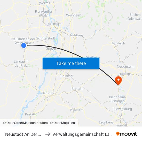 Neustadt An Der Weinstraße to Verwaltungsgemeinschaft Lauffen am Neckar map