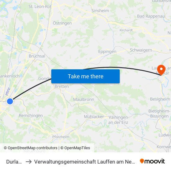 Durlach to Verwaltungsgemeinschaft Lauffen am Neckar map